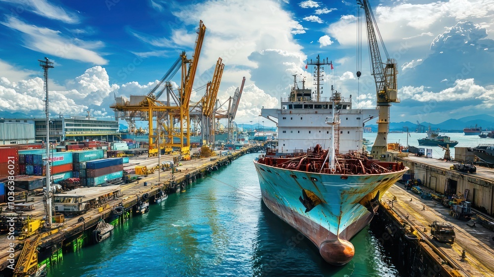 Poster a dockyard bustling with activity during the loading of cargo, showcasing commerce and efficiency