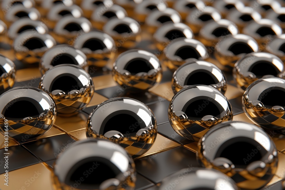 Poster shiny metallic spheres arranged in a geometric pattern with reflective surfaces