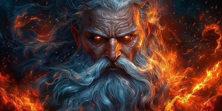 A portrait of a hades of fire, surrounded by flames.