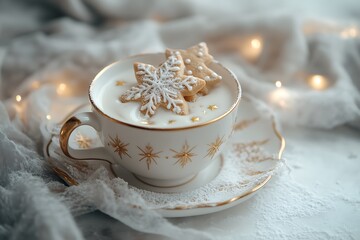 Fototapeta premium A cup of hot chocolate with white milk and one large, snowflake-shaped cookie on top, with golden stars and Christmas trees in the background