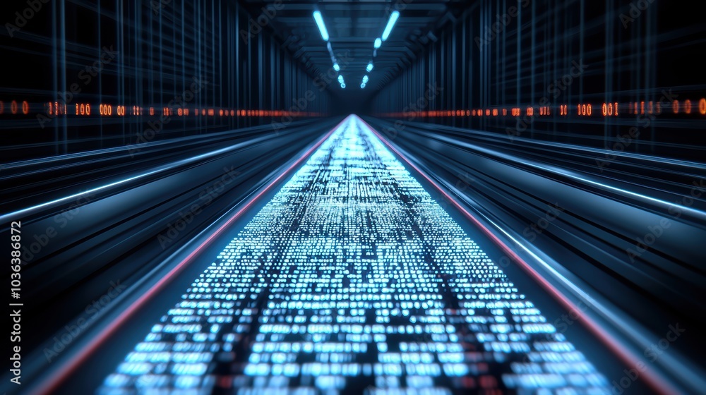 Poster futuristic digital pathway exploring the intersection of light and technology in a virtual space