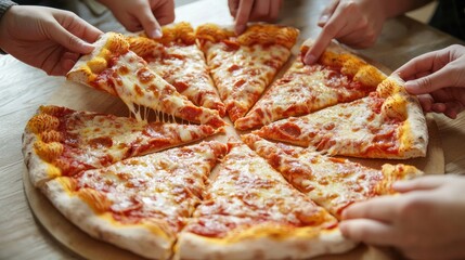 A group of students dividing a pizza into equal slices, illustrating teamwork and sharing