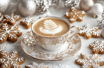 A cup of hot chocolate with white milk and one large, snowflake-shaped cookie on top, with golden stars and Christmas trees in the background