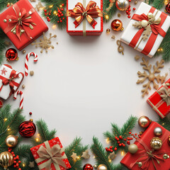 Christmas and New Year holiday background. Xmas greeting card. Christmas gifts on white marble background top view. Flat lay, Christmas and New Year background with fir branches and snowfall on wooden