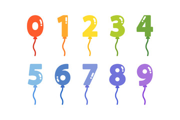 Colorful number 0 to 9 balloon set. Holiday celebration, birthday, event, party, festival concept. Flat decorative vector design isolated illustration.