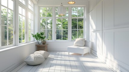 Minimalist sunroom nook, soft lighting