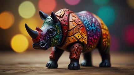 Fototapeta premium A colorful, wooden rhinoceros figurine stands on a wooden surface with a bokeh background.