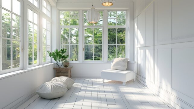 Minimalist sunroom nook, soft lighting