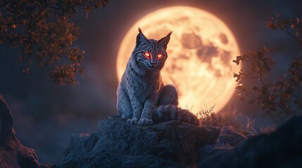 Obraz premium 3D Mystical Lynx with Glowing Eyes Sitting on a Rock
