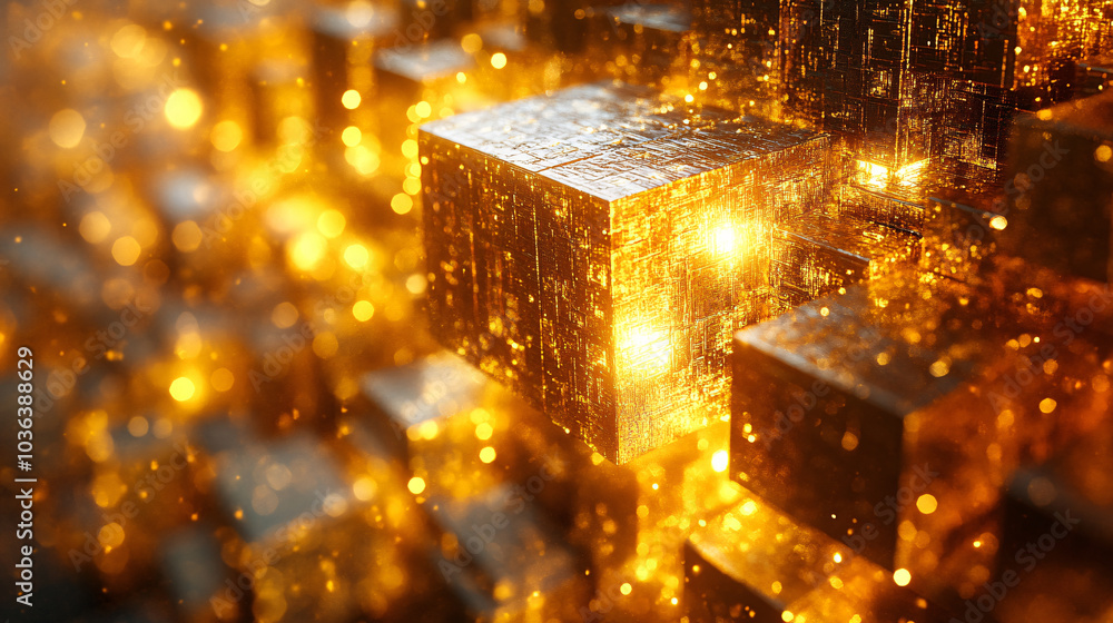 Poster a glowing golden cube structure, sparkling with light, standing out amidst a backdrop of other shiny