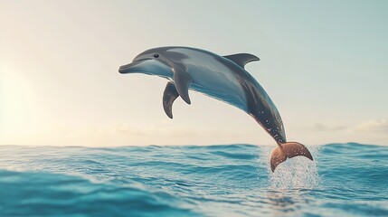 Fototapeta premium Joyful 3D Playful Dolphin Jumping Through Glowing Pastel Colored Waves in a Bright Ocean Setting