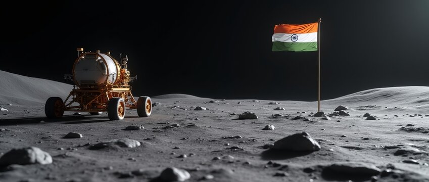 Imagem futurista da conquista da lua pela &Iacute;ndia, ve&iacute;culo lunar e bandeira da &Iacute;ndia.
