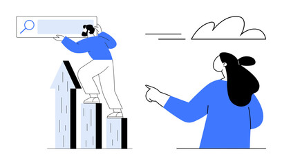 Person climbing graph steps while holding a search bar, with another person pointing toward them under a simple cloud. Ideal for business progress, search engines, teamwork, data analysis, career