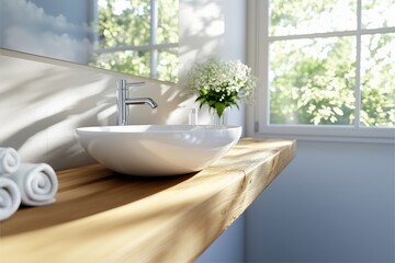 Fototapeta premium Contemporary bathroom sink with wooden countertop and window