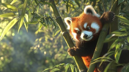 Adorable 3D Playful Red Panda Hanging from a Bamboo Tree in a Lush Pastel Colored Forest