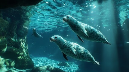 Fototapeta premium Adorable 3D Playful Seal Pups Swimming Through Glowing Pastel Colored Waters in a Cheerful Ocean Scene