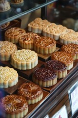 Assorted Mooncake Display Featuring Lotus Seed, Red Bean, and Mixed Nut Fillings