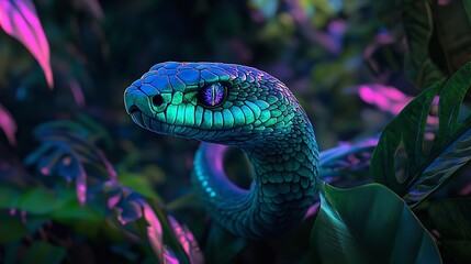 Fototapeta premium Striking 3D Radiant Cobra with Glowing Emerald Scales Curled Gracefully Amidst a Pastel Colored Jungle Setting