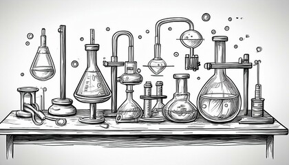 Generative AI Doodle Science Lab Equipment on White Background