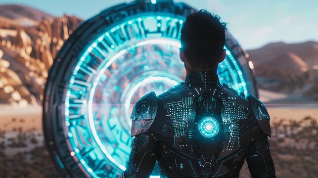 Detailed view of a man in a high-tech exosuit, facing a majestic portal that illuminates a vibrant city, contrasting with the vast hot desert background, highlighting glowing lines and panels
