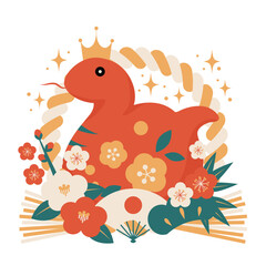 巳年年賀状アイコン、レトロカラー、日の丸扇子、かわいい、赤蛇、イラスト、しめ飾り