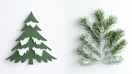 A minimalist Christmas tree paper cutout on the left, with a blank white background and room for holiday wishes on the right.