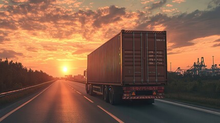 Fototapeta premium A cargo truck drives on a highway at sunset, surrounded by vibrant skies, symbolizing transportation, logistics, and travel in a serene setting.