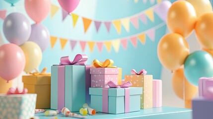 A table filled with a cheerful pile of brightly colored presents, with a festive party backdrop of balloons, banners, and a 3D illustration vibe.