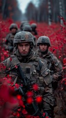 Obraz premium Camouflaged Soldier in Autumn Forest