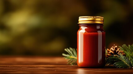 Glass jar filled with rich red sauce, decorated with pine and wood background.