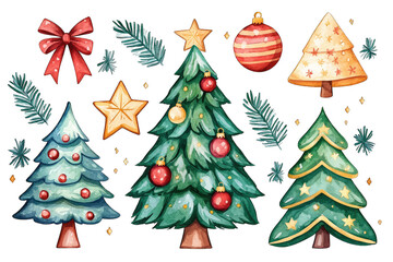 Watercolor Christmas Trees With Ornaments, Stars, and Festive Decor Elements