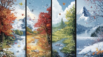 Four distinct panels showing the seasons: lively spring, hot summer, colorful fall, and frosty winter, each with unique imagery.