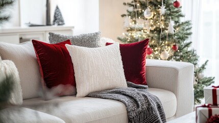 Living room featuring four Christmas-themed cushions on a plush sofa, complemented by minimalist holiday decor in a modern setting. --ar 16:9 --v 6.1 Job ID: 3ff56ed4-68d4-4324-914f-327fc27f88e1