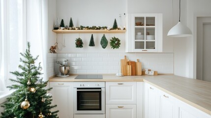 Fototapeta premium Minimalist kitchen with white cabinets, simple design, and a small Christmas tree on the countertop, creating a cozy holiday atmosphere.