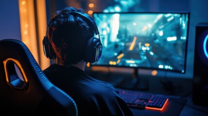 A gamer streaming gameplay to a global audience on a streaming platform, surrounded by gaming peripherals and LED lights in a gaming setup, Modern lifestyle scene