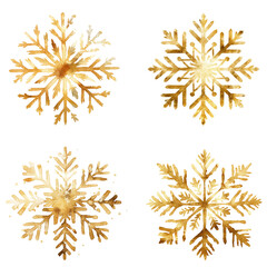 Set of 4 gold foil snowflakes isolated transparent background 