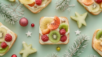 Pastel-toned Christmas fruit sandwiches with soft holiday decorations, surrounded by open space for adding festive text or creative designs.