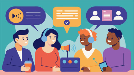 Radio segments featuring conversations with experts on body positivity and mental health discussing the impact of media on image.. Vector illustration