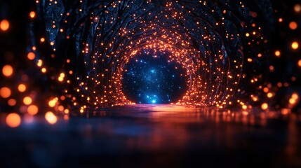 Mystical tunnel with glowing orbs and starry backdrop, ideal for fantasy themes.