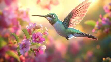 Naklejka premium Radiant 3D Hummingbird with Vibrant Wings Hovering Gracefully Among Soft Pastel Colored Flowers