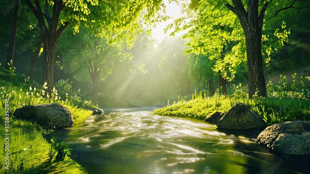 Poster sunlight streams through the trees, illuminating a tranquil stream flowing through a lush forest