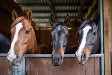 Obraz premium Three Horses in Stable Looking Outward