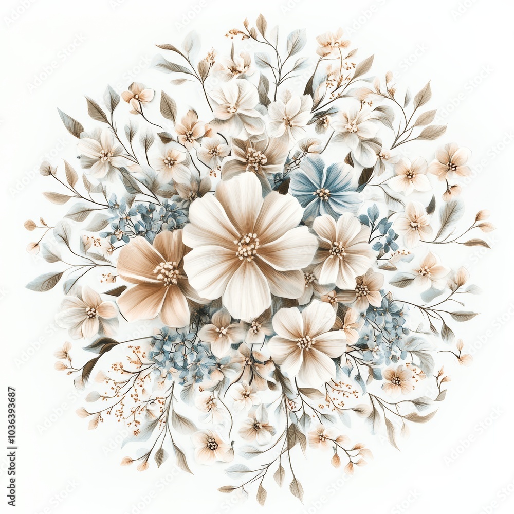 Poster an artistic representation of a delicate floral pattern in soft tones, arranged in a circular design