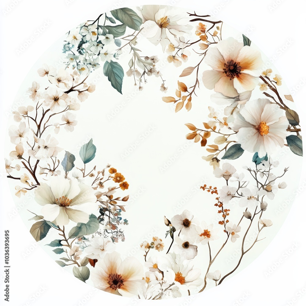 Poster an artistic representation of a delicate floral pattern in soft tones, arranged in a circular design