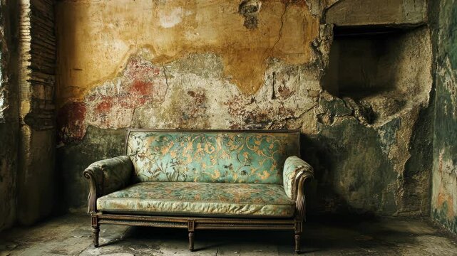 An old couch sits in a room with crumbling walls, possibly an ancient Roman dwelling