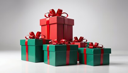 Fototapeta premium Vibrant Red and Green Gift Boxes on a Smooth White Surface