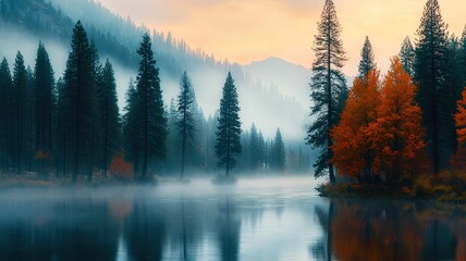 Obraz premium A serene landscape featuring towering pine trees, misty waters, and vibrant autumn foliage against a soft sunrise backdrop.