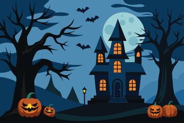 Halloween hunted house scary pumpkin laughing at night background - Generative AI