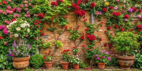 A Vibrant Wall of Flowers, Adorned with Roses, Blooms in Terracotta Pots, Presenting a Symphony of Colors and Fragrances.