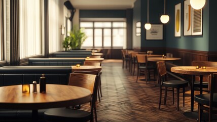 Fototapeta premium A cozy café interior featuring wooden tables, comfortable seating, and large windows, creating a warm and inviting atmosphere.